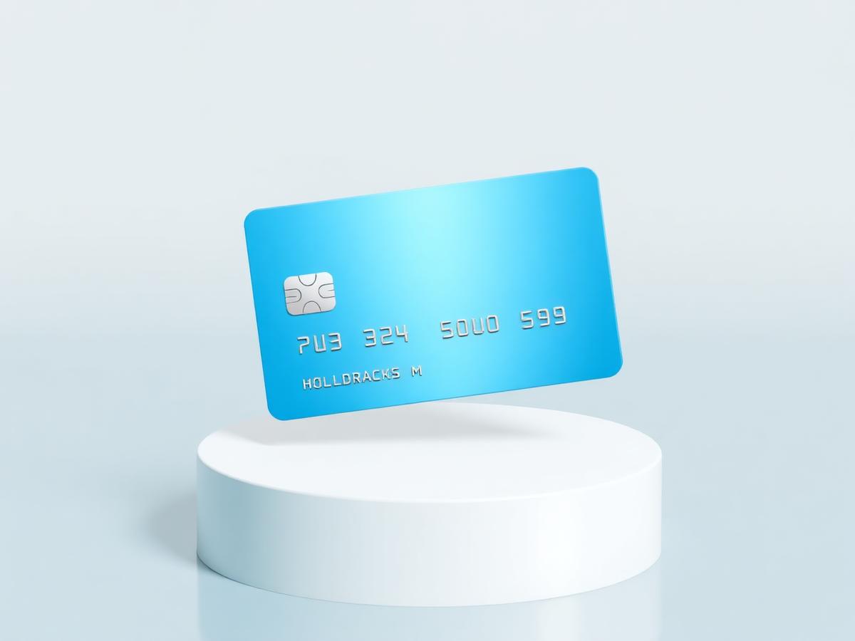 Sky blue verified bank card floating above a white pedestal
